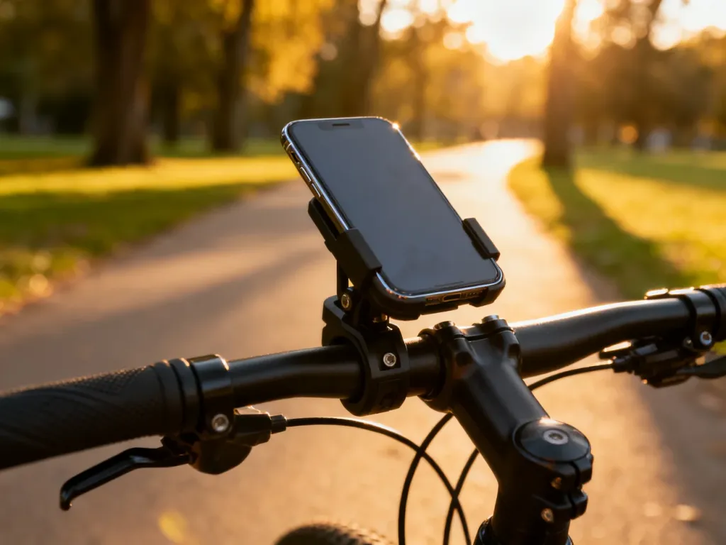 Nowoczesny uchwyt na telefon zamontowany na kierownicy roweru, z rozmytym parkiem w tle podczas zachodu słońca.