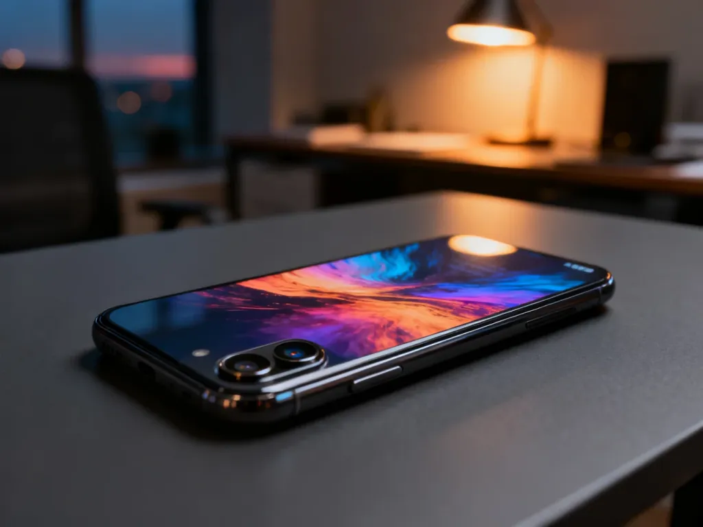 Nowoczesny smartfon z podświetlonym ekranem leżący na minimalistycznym biurku w wieczornym oświetleniu.