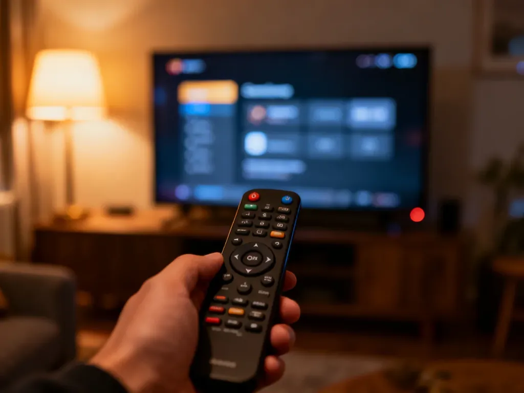 Dłoń trzymająca uniwersalny pilot skierowany w stronę telewizora z widocznym menu ustawień w przytulnym salonie.