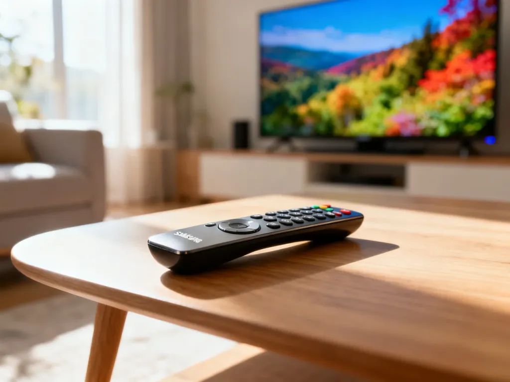 Nowoczesny pilot do telewizora Samsung leżący na drewnianym stoliku w jasnym salonie.