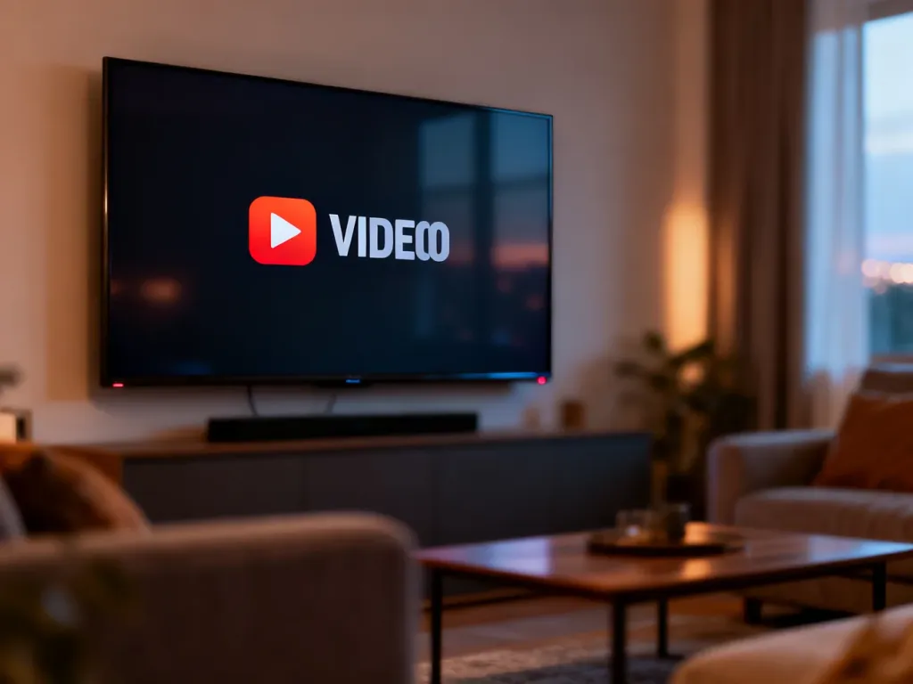 Nowoczesny telewizor z widocznym interfejsem serwisu streamingowego w przytulnym salonie.