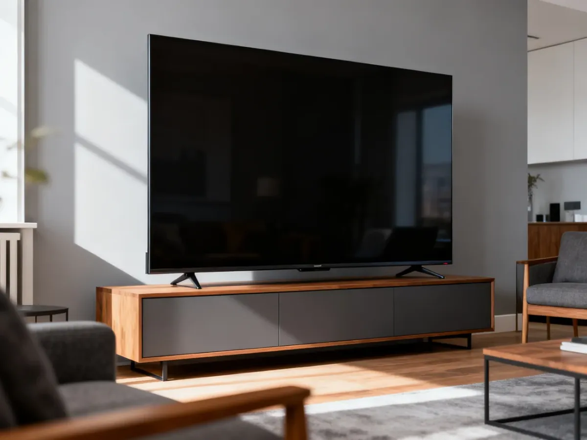 Duży telewizor 75 cali ustawiony na szafce w nowoczesnym salonie