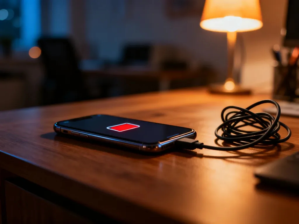 Smartfon z ikoną niskiego poziomu baterii podłączony do kabla ładującego na drewnianym biurku w domowym biurze.
