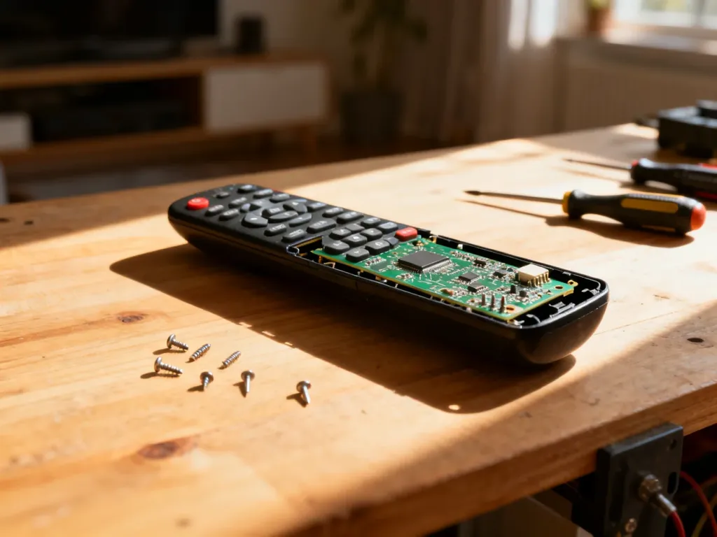 Rozłożony pilot do telewizora z widoczną płytką drukowaną i precyzyjnymi śrubokrętami na drewnianym stole warsztatowym.