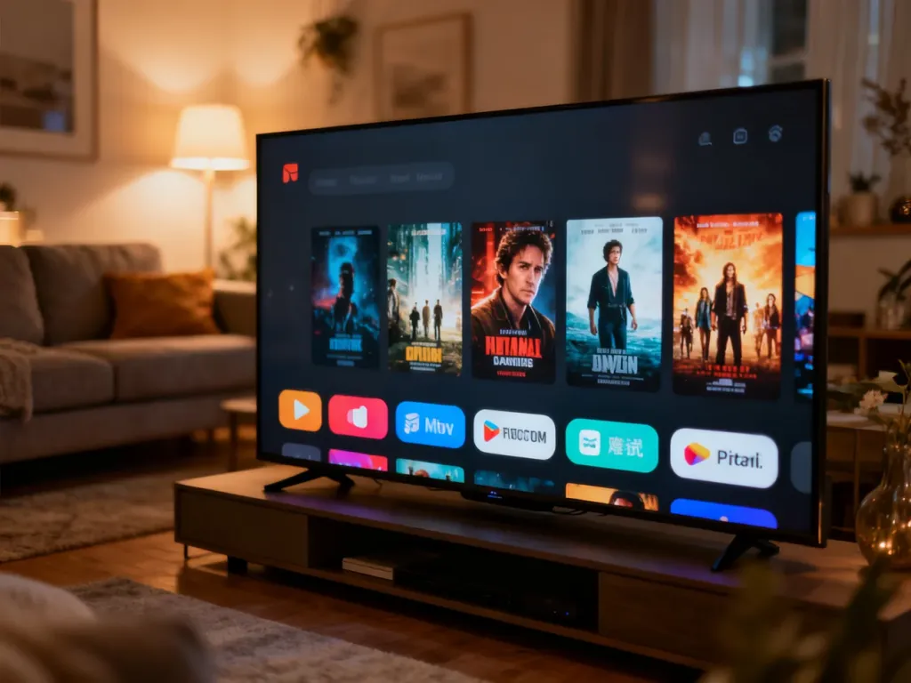 Nowoczesny telewizor z interfejsem Google TV w przytulnym salonie, prezentujący aplikacje i plakaty filmowe.