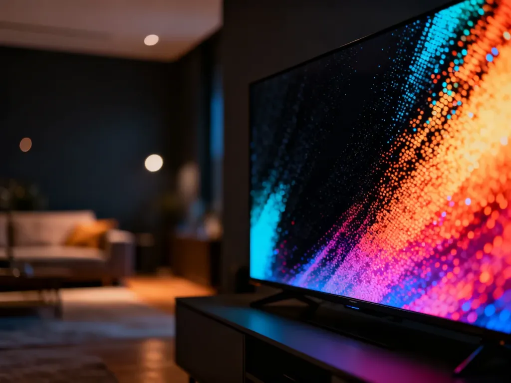 Nowoczesny ekran telewizora QD mini LED wyświetlający kontrastowy obraz z głęboką czernią i intensywnymi kolorami.