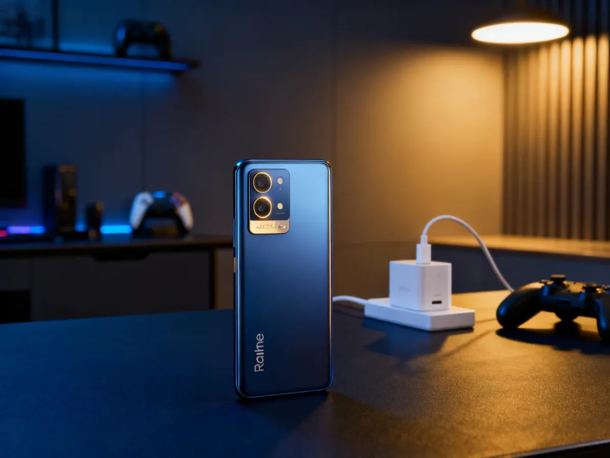 Smartfon Realme 14 Pro 5G z podświetlanym modułem aparatu na nowoczesnym biurku