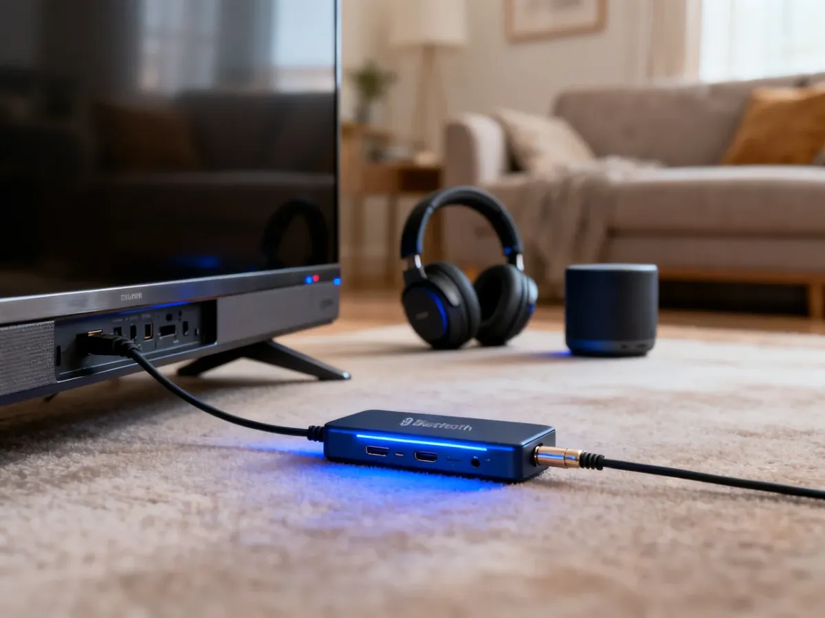 Transmiter Bluetooth podłączony do telewizora, słuchawek bezprzewodowych i głośnika