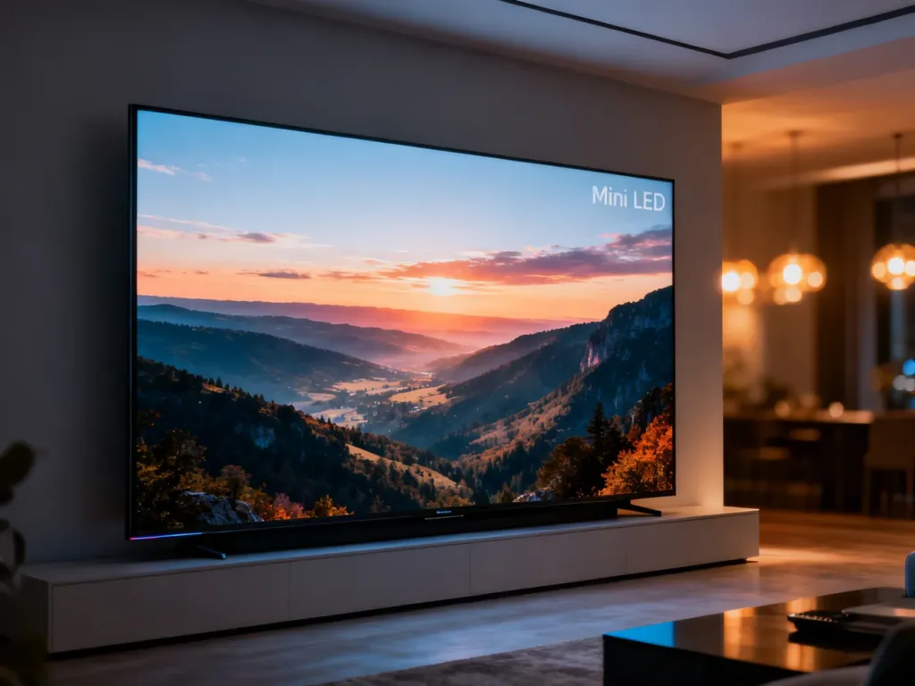 Nowoczesny telewizor 75-cali Mini LED wyświetlający kinowy krajobraz w minimalistycznym salonie.
