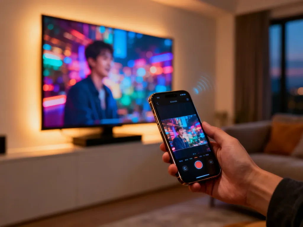 Smartfon przesyłający bezprzewodowo obraz wideo na duży ekran telewizora w przytulnym salonie.