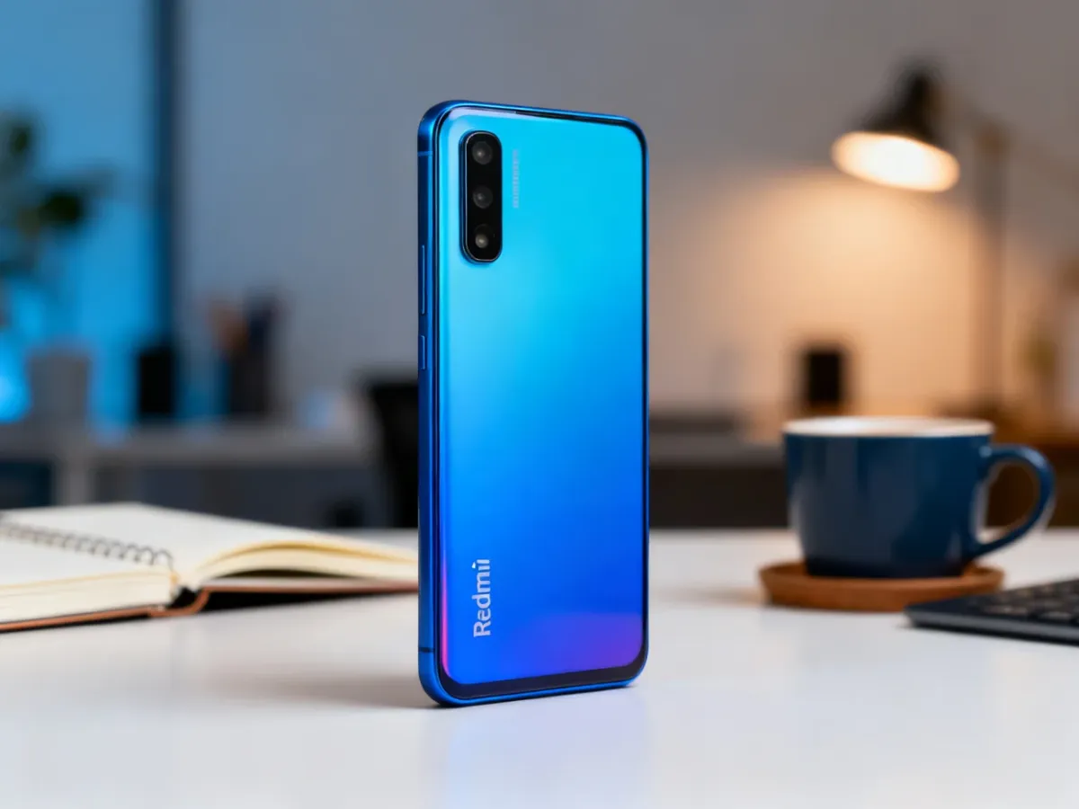 Smartfon Xiaomi Redmi na biurku w domowym otoczeniu