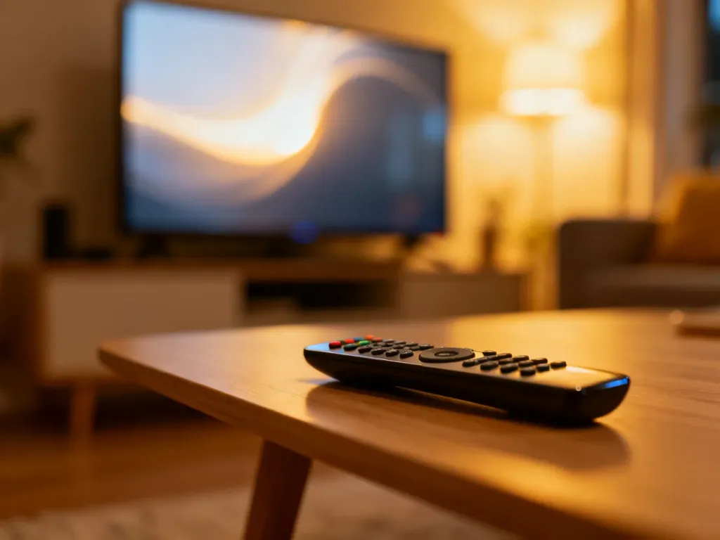 Nowoczesny pilot do telewizora Philips leżący na drewnianym stoliku w przytulnym, dobrze oświetlonym salonie.