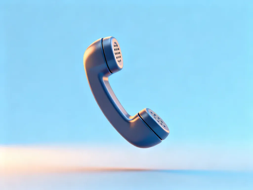Minimalistyczna ikona słuchawki telefonicznej w stylu 3D na pastelowym, niebieskim tle.
