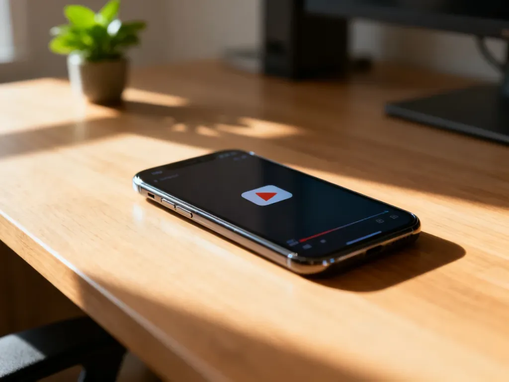 Nowoczesny smartfon z ikoną aplikacji wideo na ekranie, leżący na drewnianym biurku w słonecznym domowym biurze.