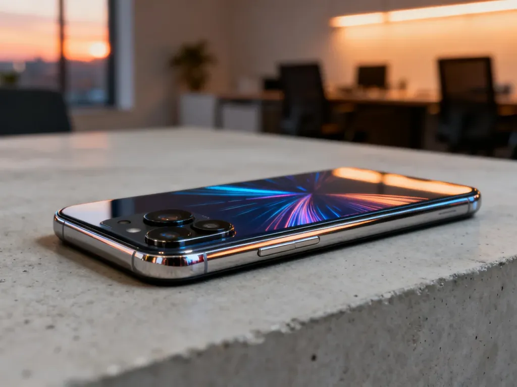 Smartfon Motorola edge 50 neo na betonowym blacie z widocznym modułem aparatu i kolorową tapetą na ekranie.