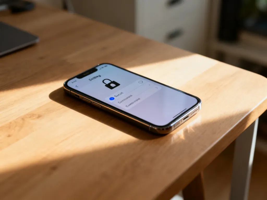 Nowoczesny smartfon na drewnianym biurku z otwartym menu ustawień, gdzie wyłączana jest blokada ekranu.