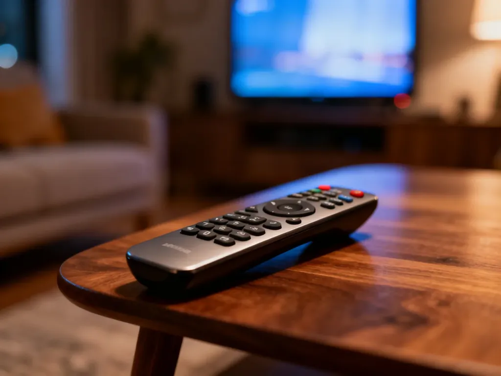 Nowoczesny pilot uniwersalny leżący na drewnianym stoliku w salonie z włączonym telewizorem w tle.