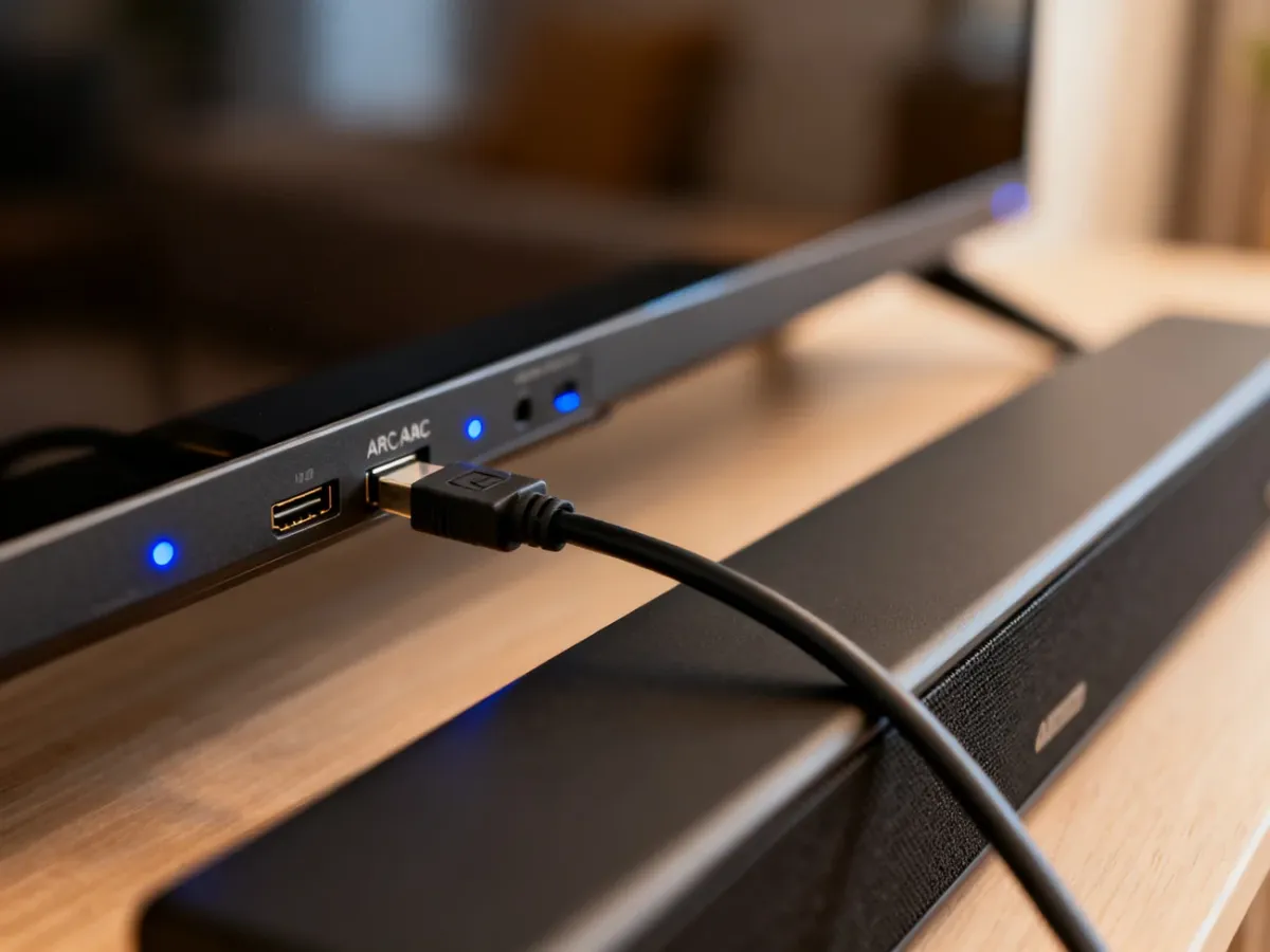 Telewizor połączony z soundbarem kablem HDMI ARC