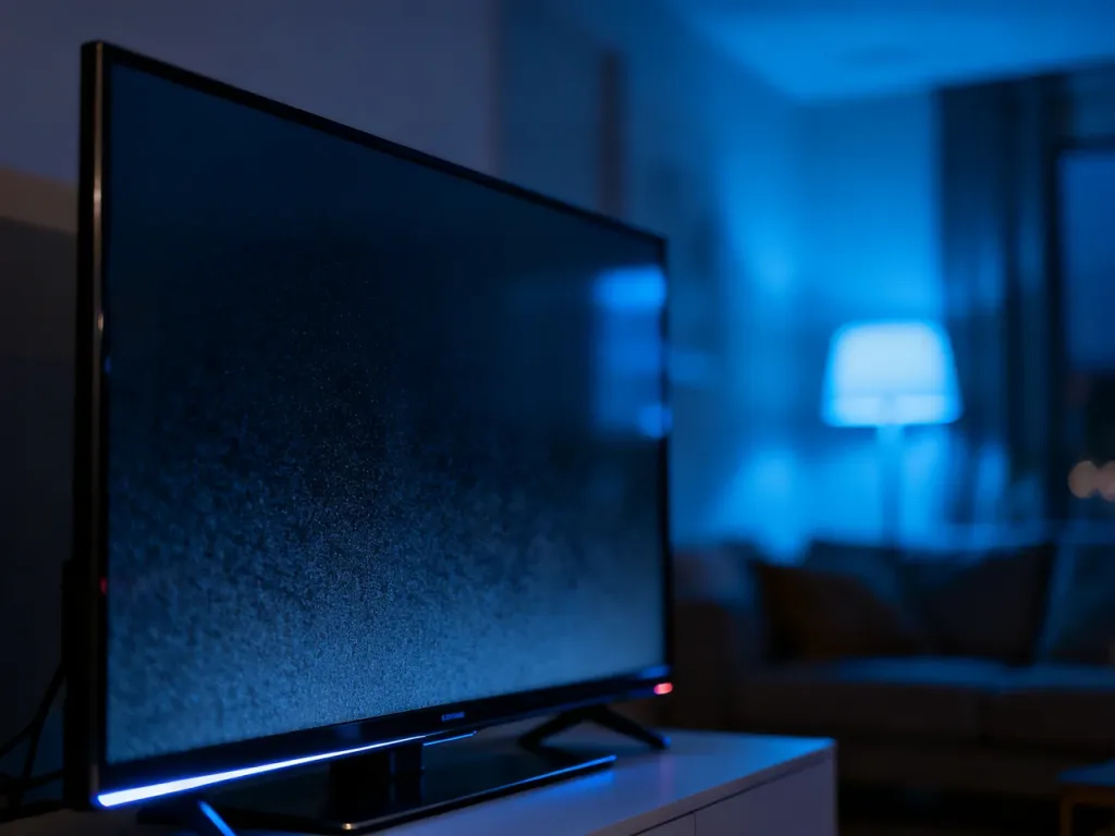 Ekran telewizora z widocznym efektem nierównomiernego podświetlenia matrycy, wskazującym na usterkę techniczną.