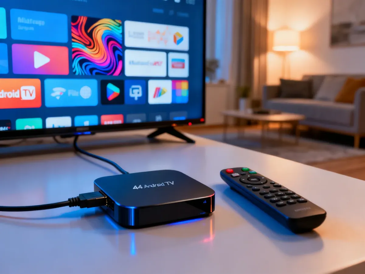 Przystawka Android TV podłączona do telewizora w nowoczesnym salonie