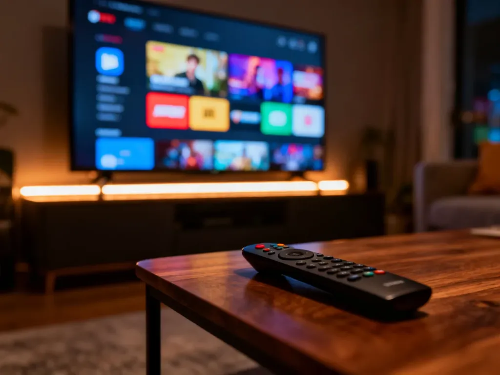 Nowoczesny telewizor z włączoną aplikacją streamingową i pilotem na stoliku, tworzące przytulną atmosferę kina domowego.