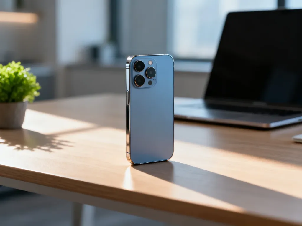 Nowoczesny smartfon leżący na drewnianym biurku w domowym biurze, podkreślający estetykę i design urządzenia.