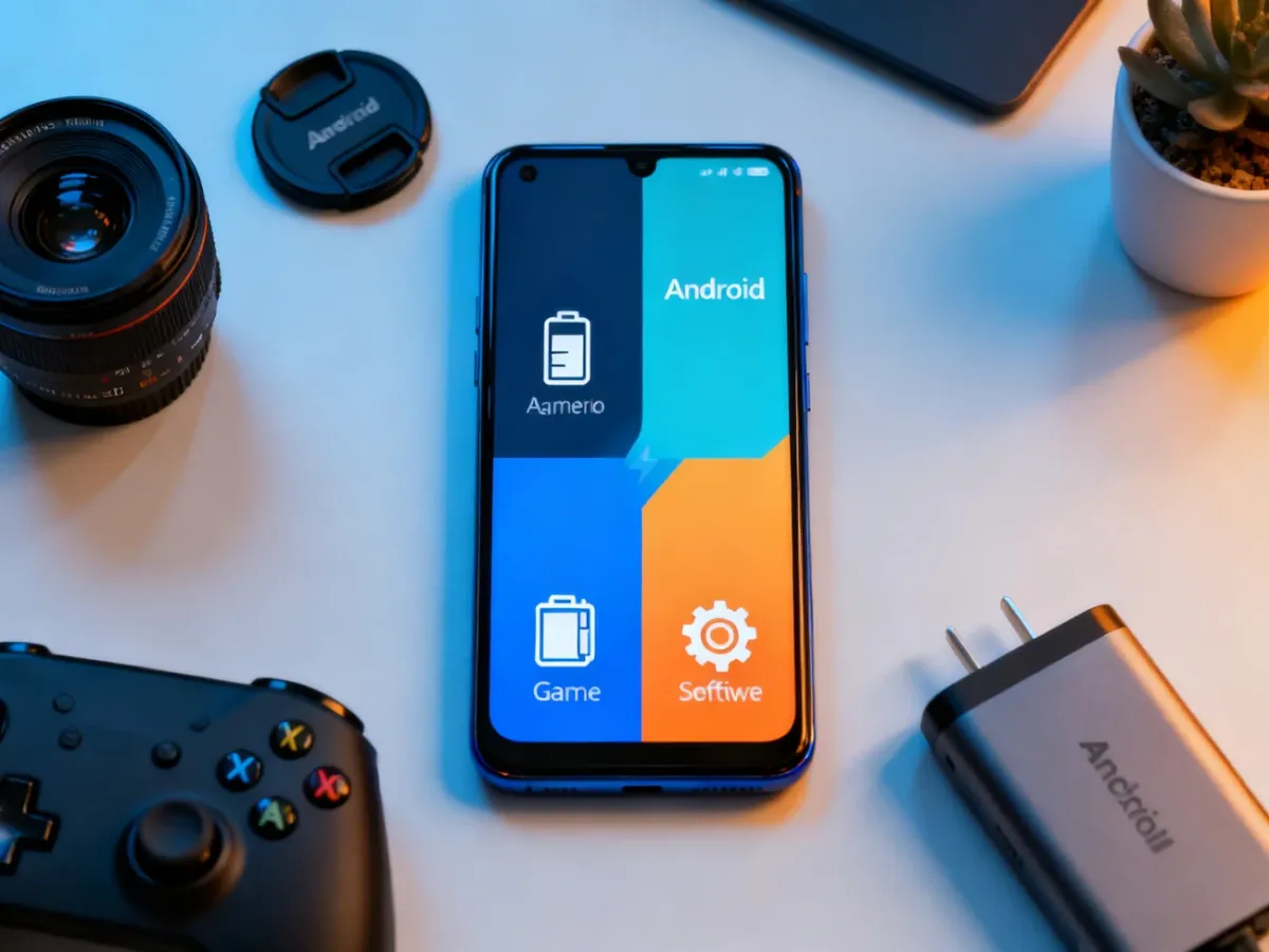Smartfon z Androidem otoczony symbolami aparatu, gier, baterii i ustawień systemu