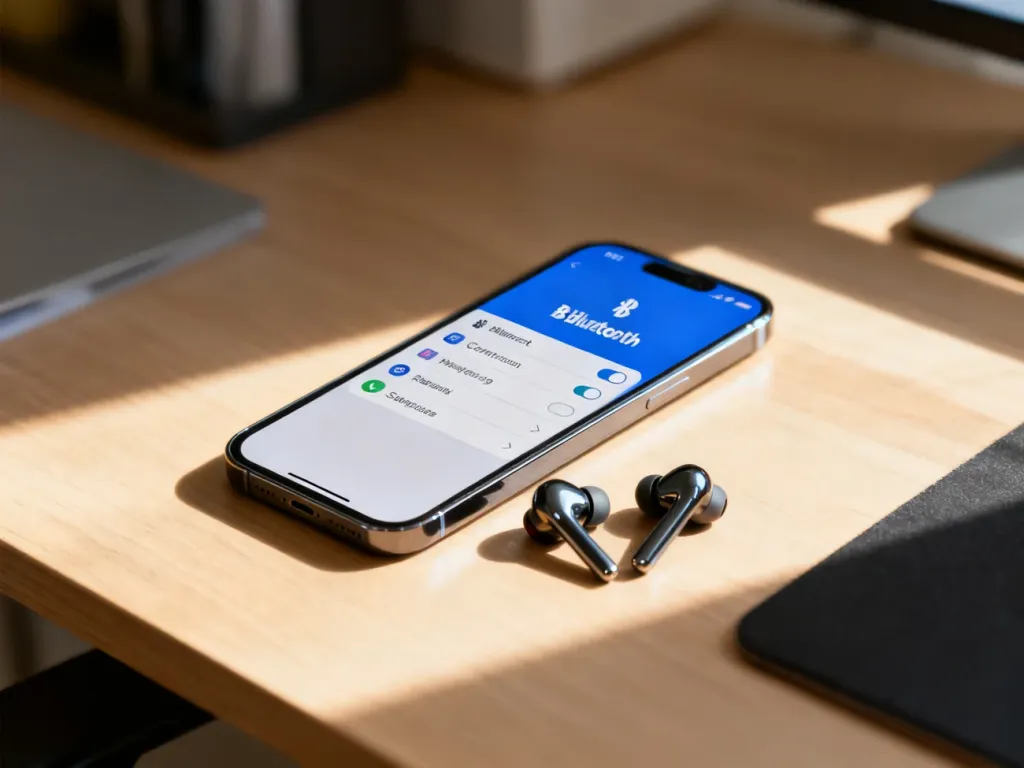 Nowoczesne słuchawki bezprzewodowe leżące obok smartfona z otwartym menu ustawień Bluetooth na drewnianym biurku.