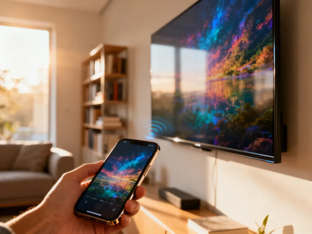 Smartfon bezprzewodowo przesyłający obraz na duży ekran telewizora w nowoczesnym salonie.