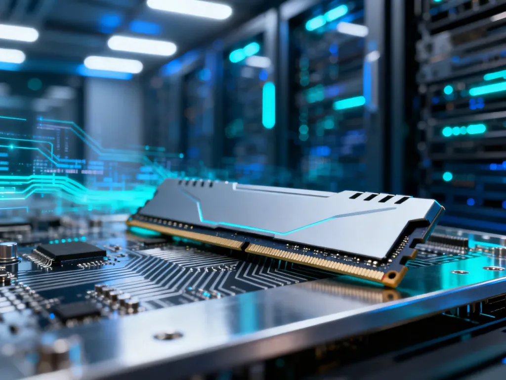 Nowoczesna kość pamięci RAM umieszczona na płytce drukowanej na tle serwerowni, symbolizująca zaawansowaną technologię.