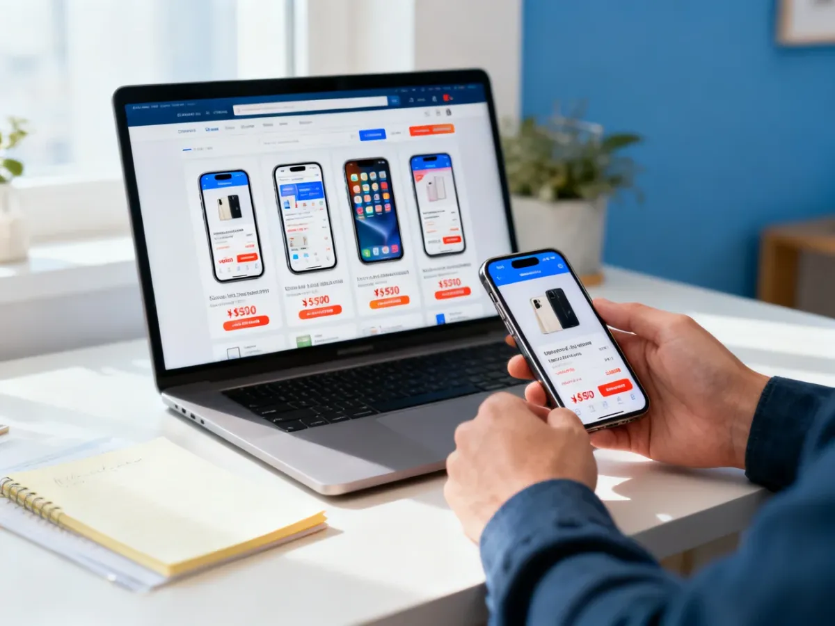 Kupujący porównujący oferty smartfonów i sprawdzający warunki zakupu