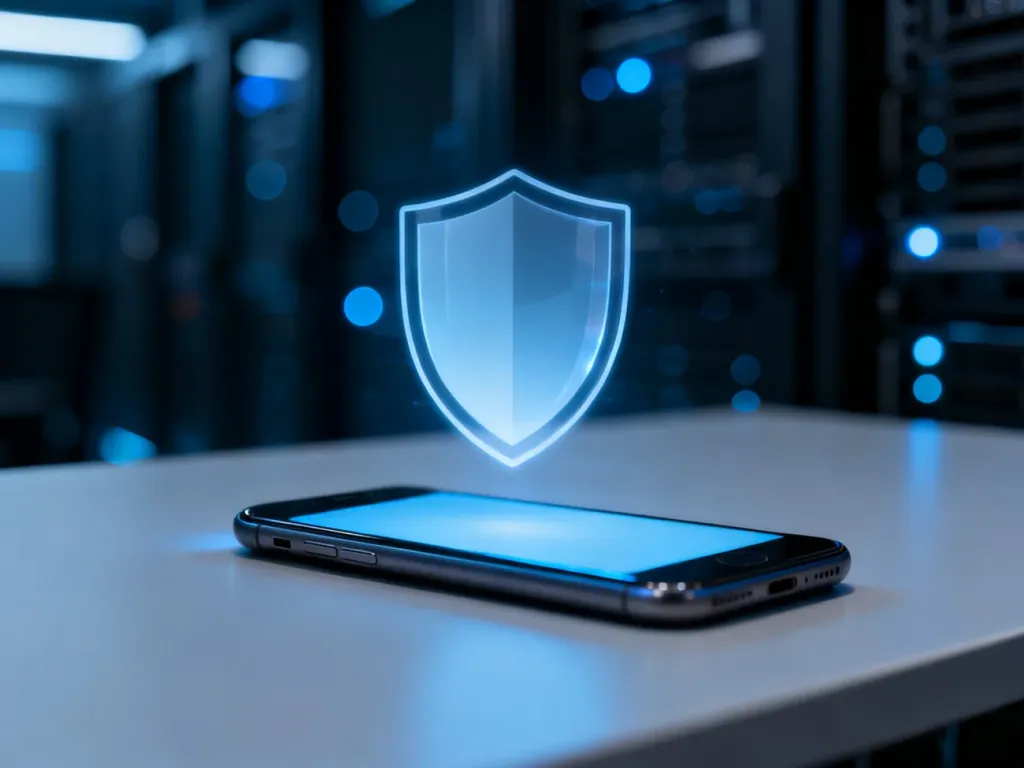 Smartfon z hologramem tarczy ochronnej, symbolizujący cyfrowe bezpieczeństwo i skuteczną ochronę przed wirusami.