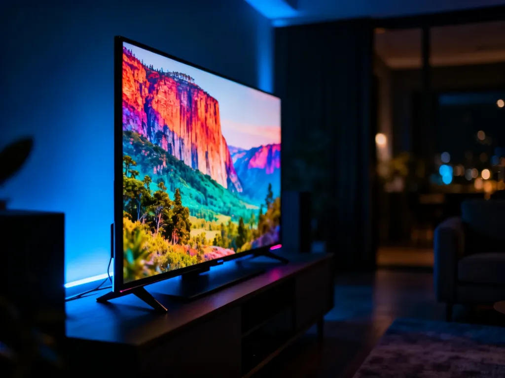 Nowoczesny telewizor 4K wyświetlający kinowy krajobraz w przyciemnionym salonie, podkreślający wysoką jakość obrazu.