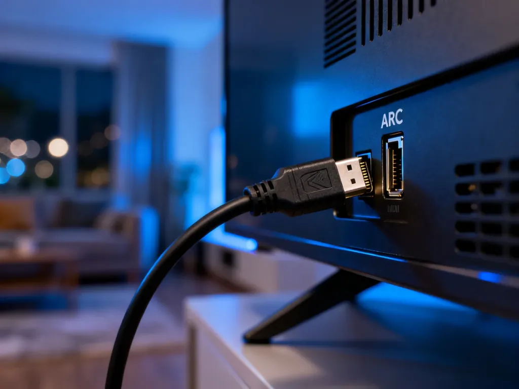 Dłoń wpinająca kabel HDMI do portu oznaczonego jako ARC na tylnym panelu nowoczesnego telewizora.