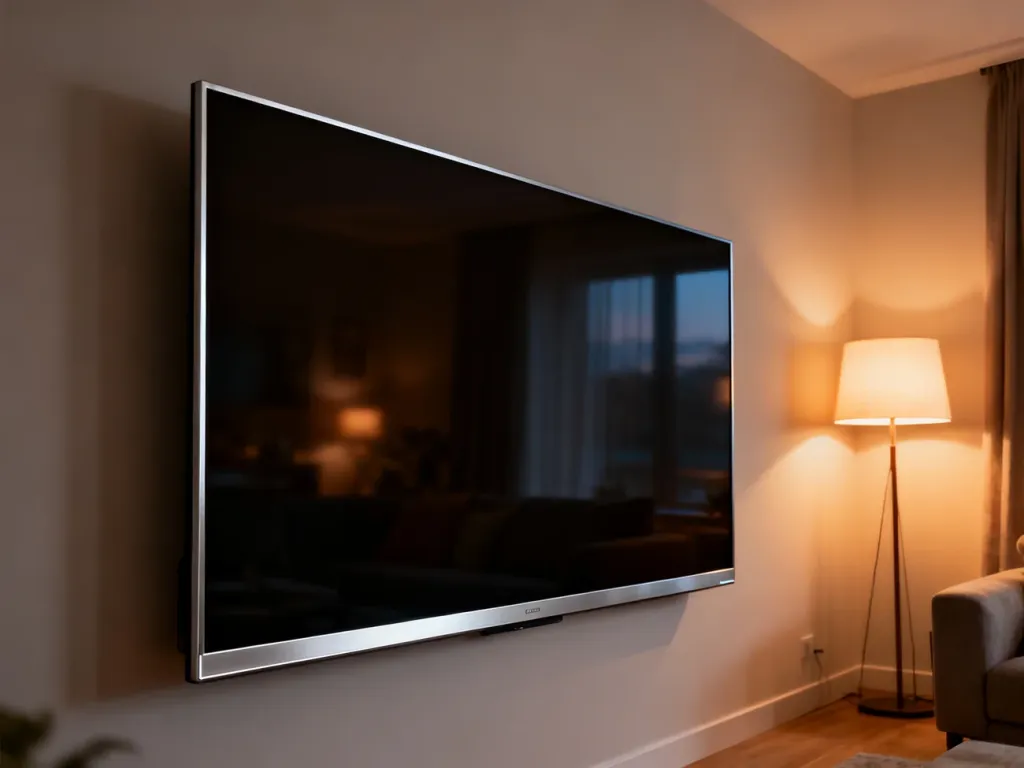 Nowoczesny telewizor 75-calowy zamontowany na ścianie w minimalistycznym salonie o przytulnym oświetleniu.
