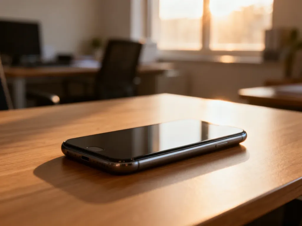 Nowoczesny smartfon na drewnianym biurku w słonecznym biurze, symbolizujący wydajność i nowoczesną technologię.