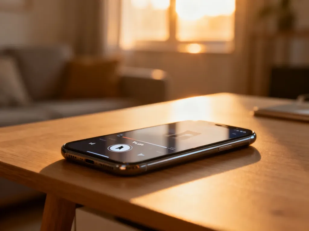 Smartfon leżący na drewnianym biurku z widocznym na ekranie przyciskiem pauzy w aplikacji muzycznej.