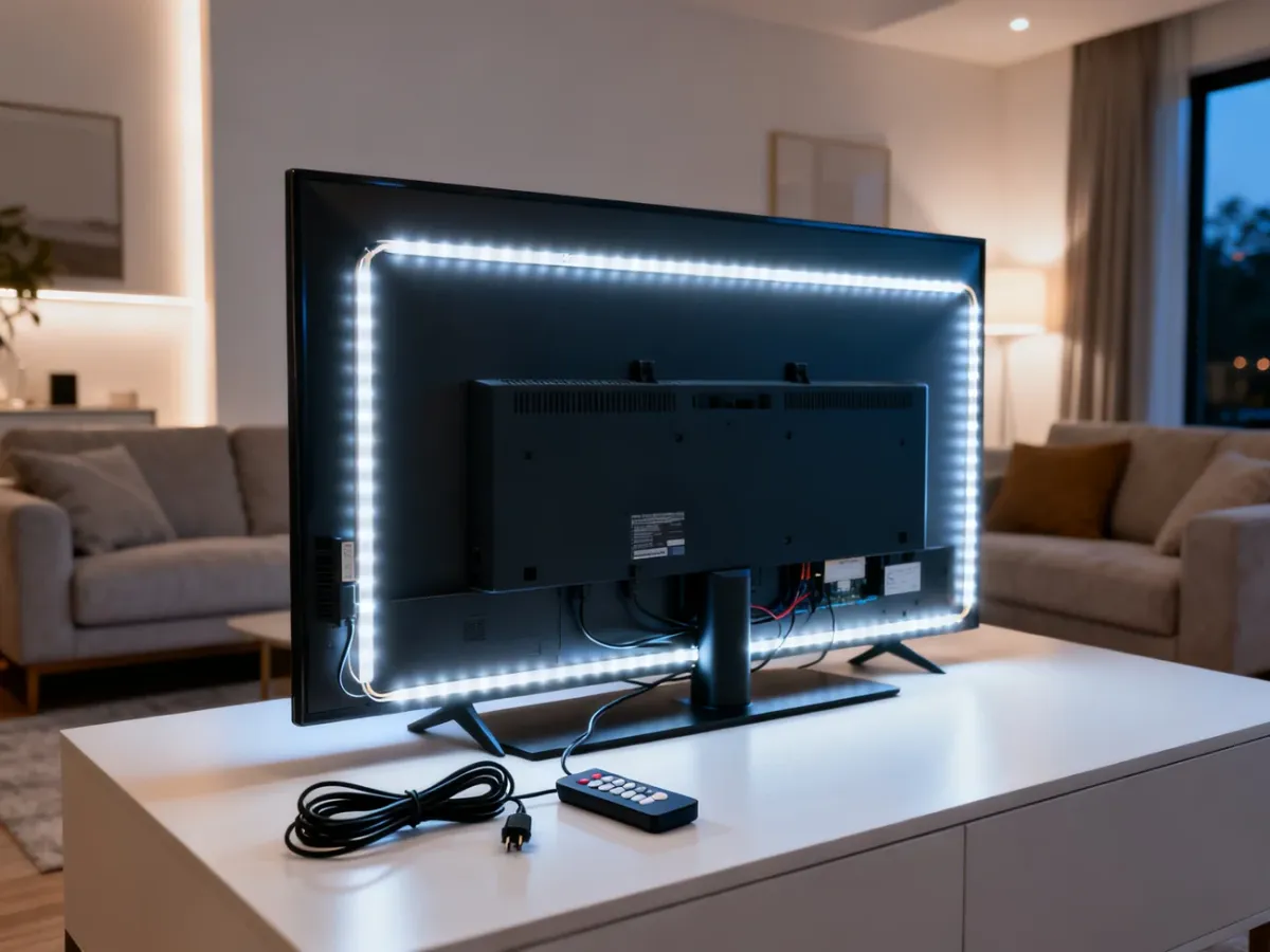 Telewizor z taśmą LED zamontowaną z tyłu i delikatną poświatą na ścianie
