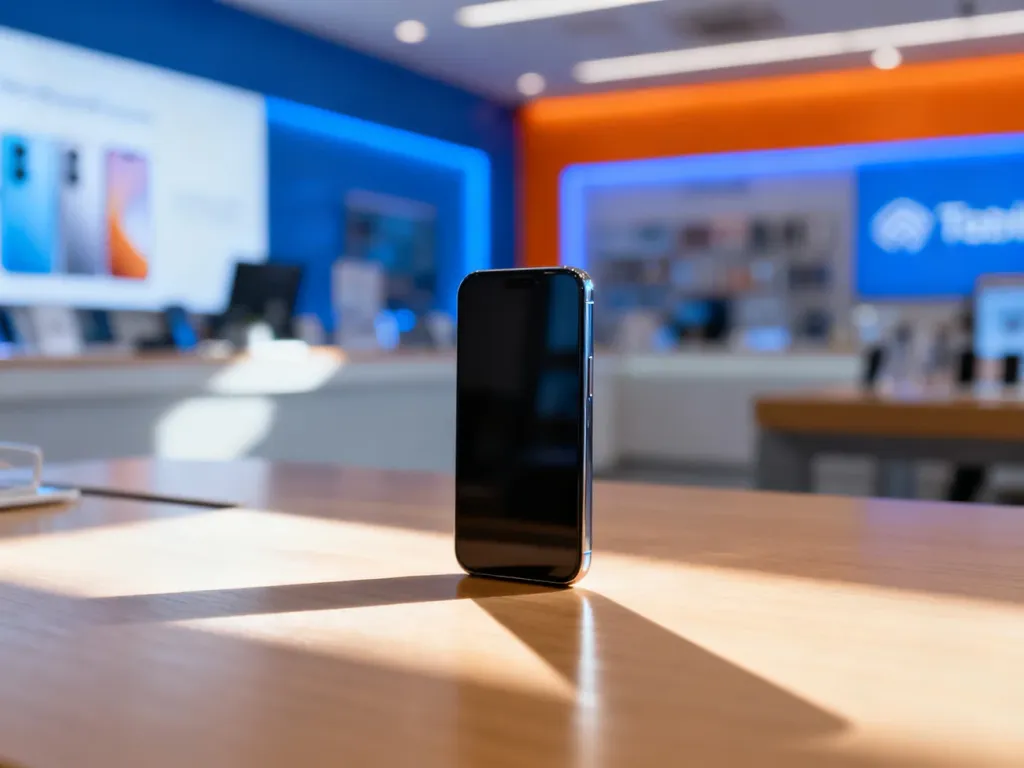 Nowoczesny smartfon na drewnianym biurku w tle salonu operatora Orange, prezentujący ofertę telefonów.