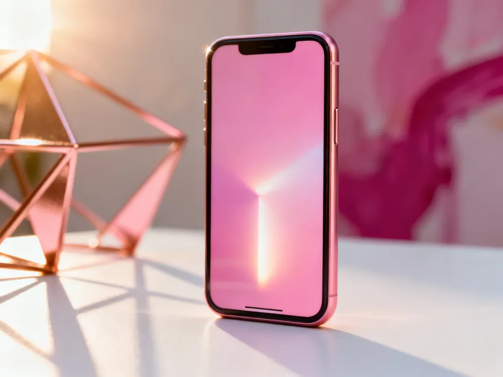 Nowoczesny smartfon w pastelowym odcieniu różu na minimalistycznym, białym tle w profesjonalnym ujęciu studyjnym.