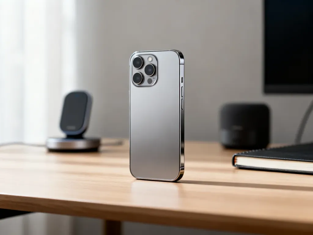 Nowoczesny smartfon z metalicznym wykończeniem leżący na minimalistycznym drewnianym biurku.