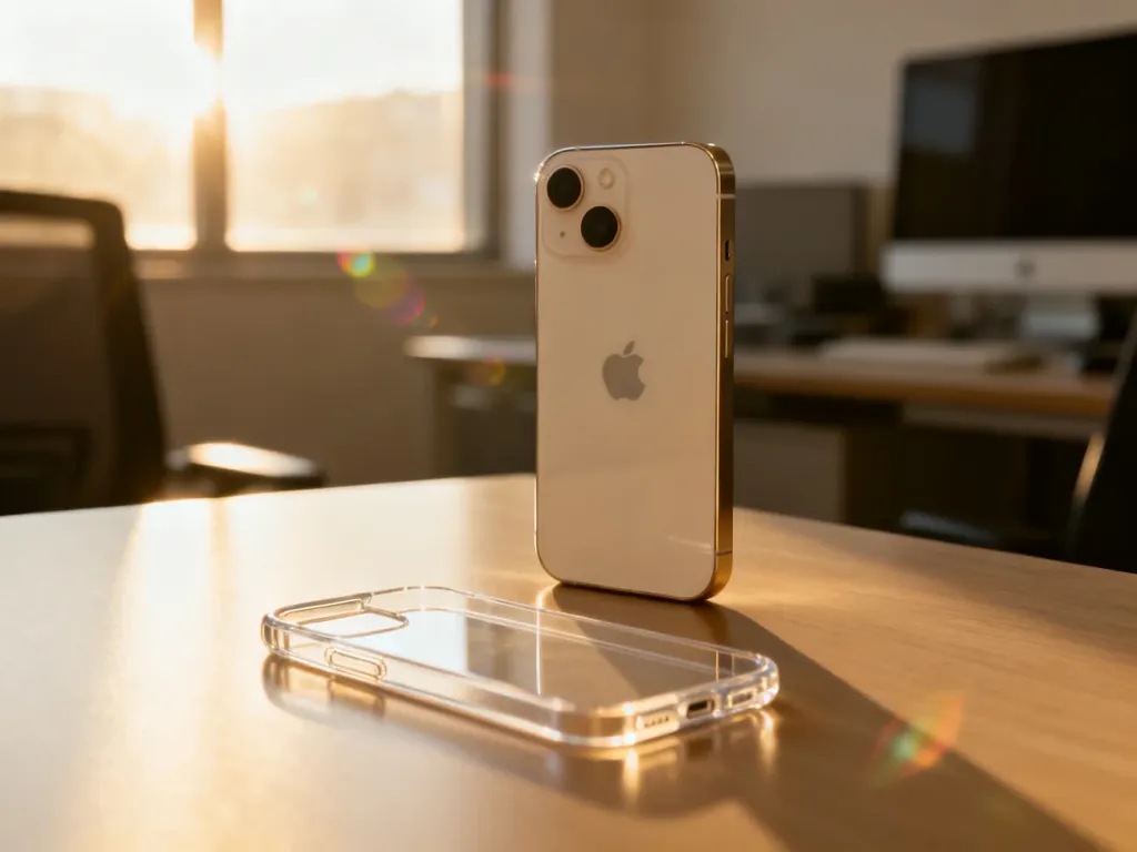 iPhone 13 leżący na drewnianym biurku obok przezroczystego etui, podkreślający minimalistyczny design urządzenia.
