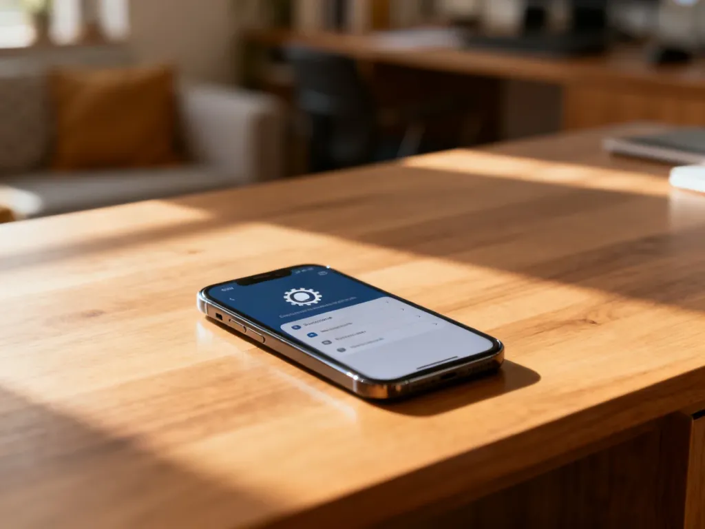 Nowoczesny smartfon z otwartym menu ustawień na drewnianym biurku, gotowy do zarządzania kontami użytkownika.
