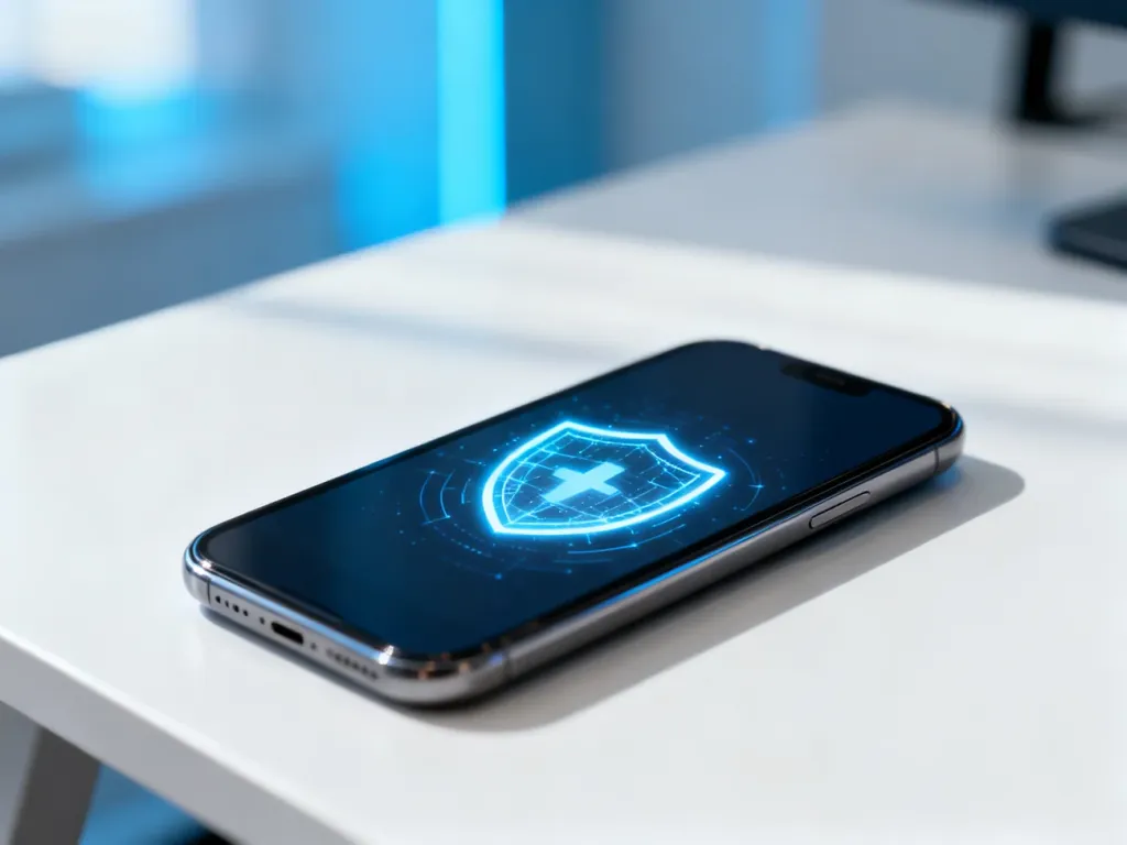 Nowoczesny smartfon z ikoną cyfrowej tarczy na ekranie, symbolizujący bezpieczeństwo i ochronę przed wirusami.