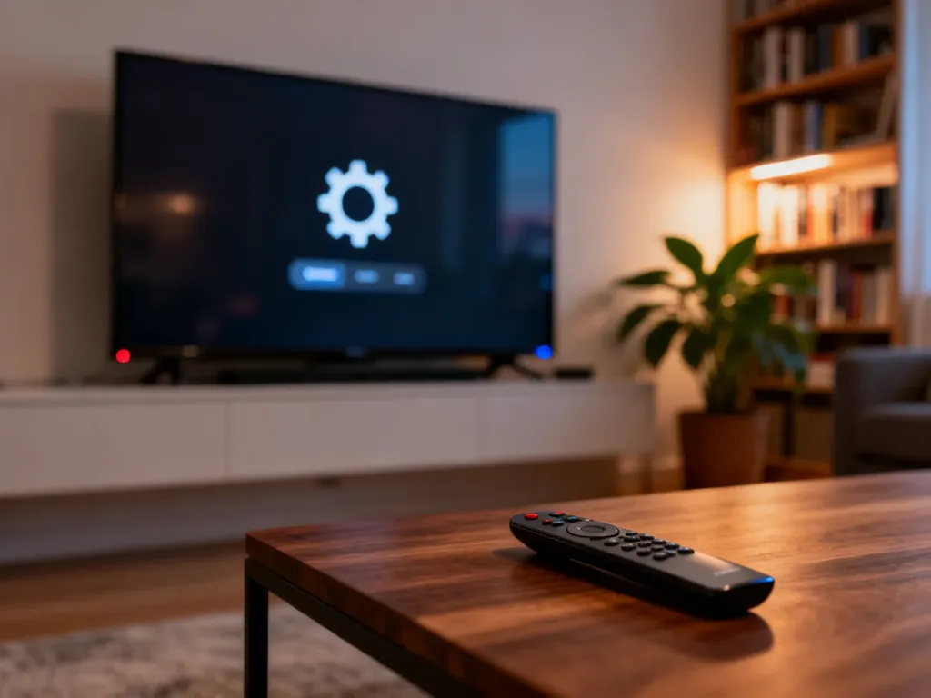 Nowoczesny salon z telewizorem wyświetlającym menu ustawień oraz pilotem na stoliku, ułatwiający nawigację w aplikacji.