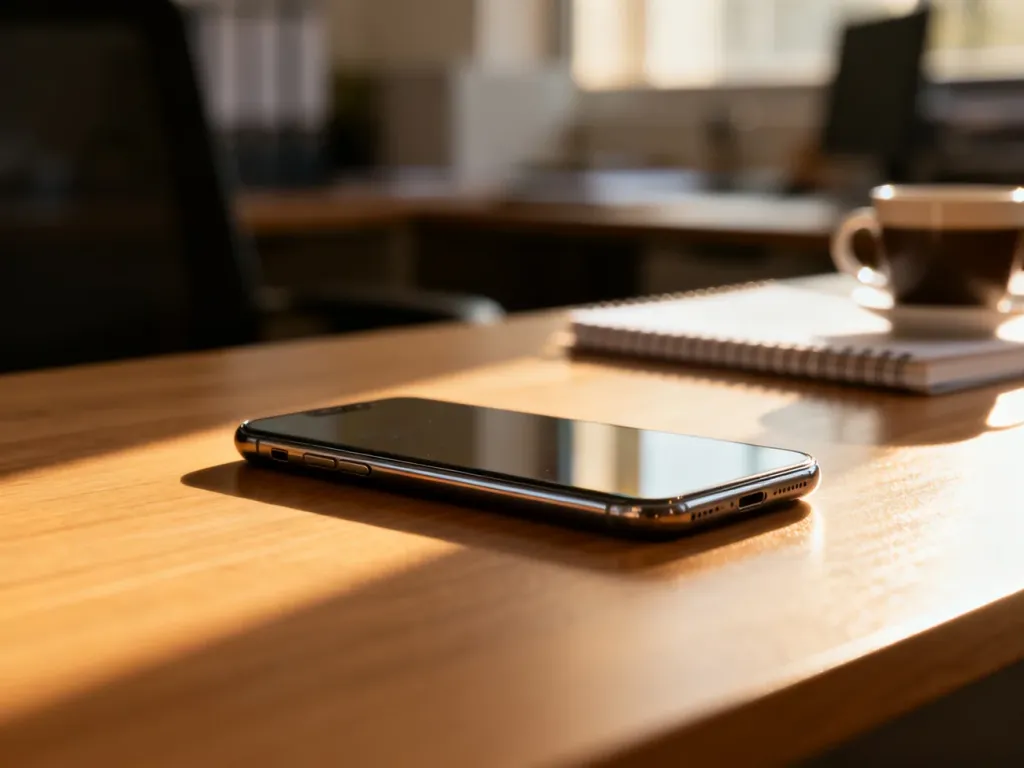 Elegancki smartfon Huawei P10 lite na minimalistycznym biurku w świetle poranka.