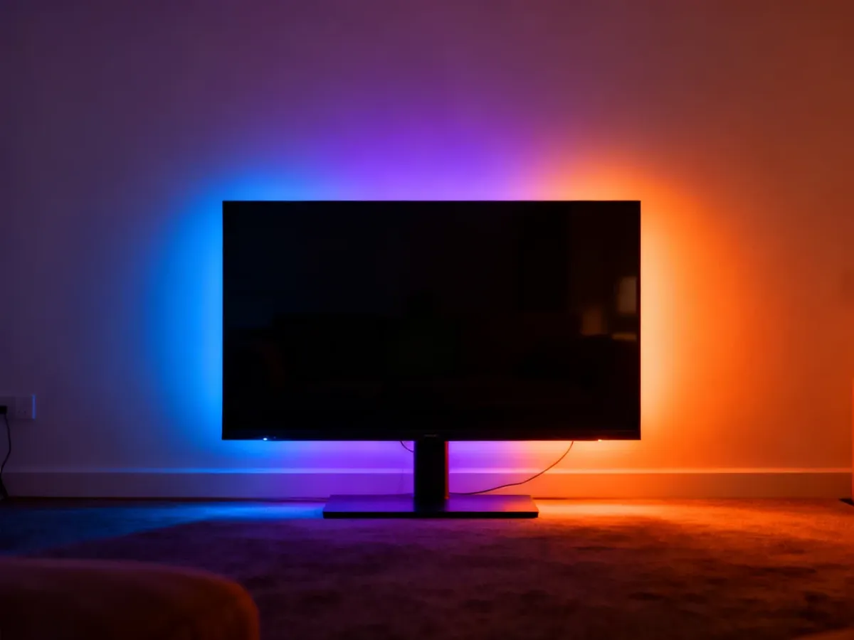 Telewizor z dynamicznym podświetleniem LED rzucającym kolorową poświatę na jasną ścianę