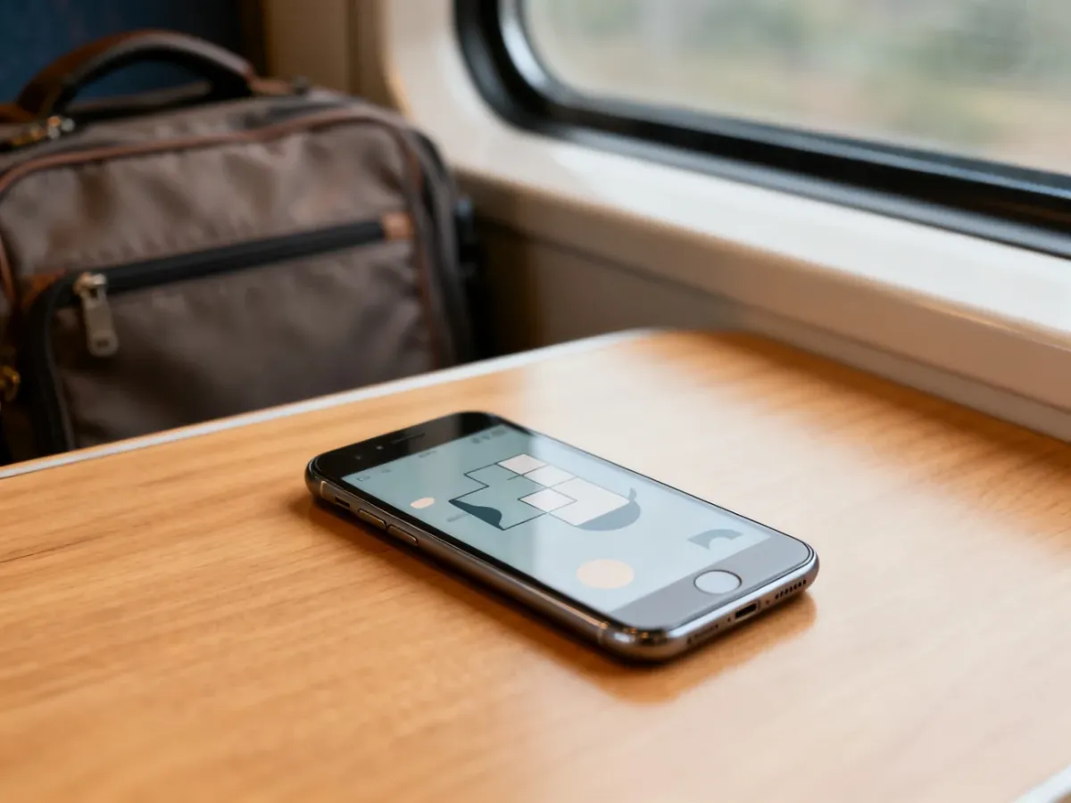 Smartfon z minimalistyczną grą logiczną używany podczas podróży