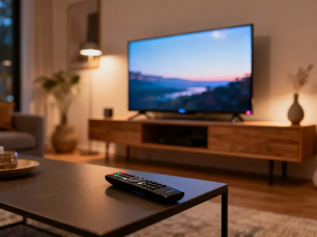 Nowoczesny telewizor z płaskim ekranem zamontowany na drewnianej ścianie w przytulnym salonie.