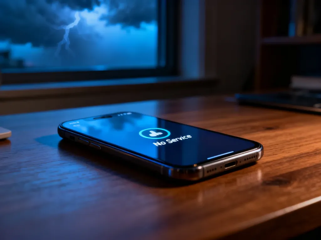 Nowoczesny smartfon leżący na biurku z ikoną braku zasięgu na ekranie, ilustrujący problem z łącznością komórkową.